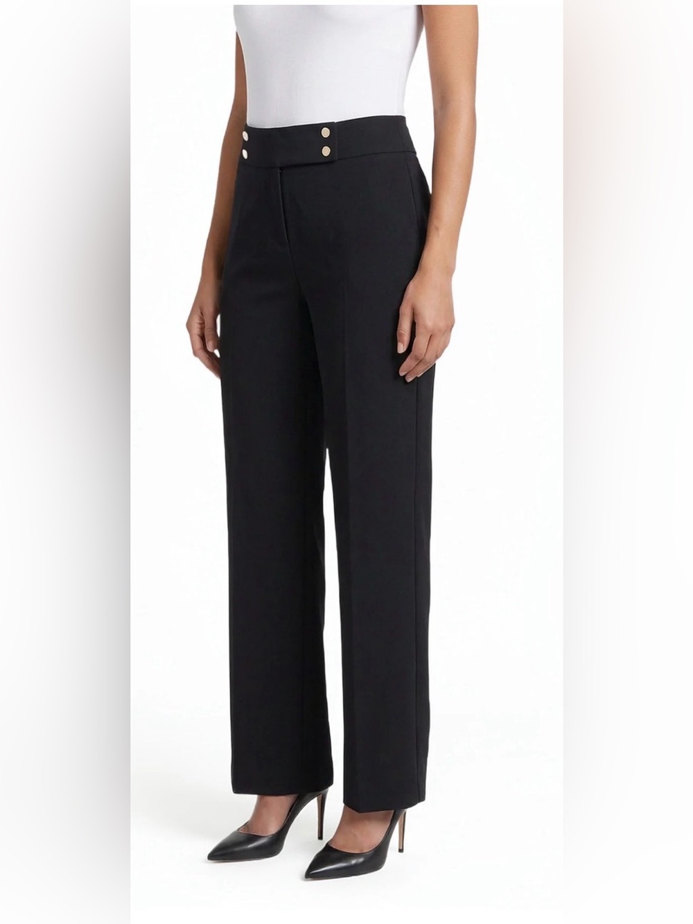 Kasper Black Slim Tapered Dress Trousers with Decorative Waist Buttons